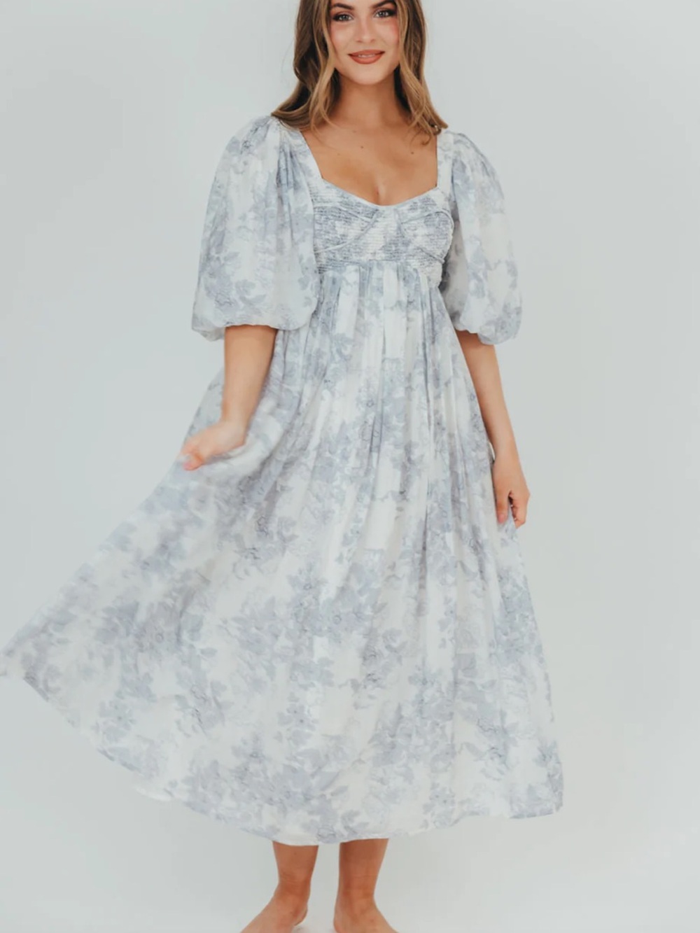 Worth Collective Floral Puff-Sleeve Midi Dress in Light Blue White Baby Shower - Picture 1 of 7